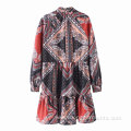 Women Printed V-neck Long Sleeve Oversize Dress